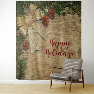 Christmas Party Golden Green Leaves Red Rustic Tapestry