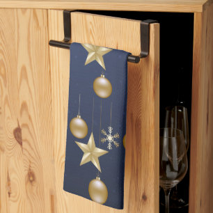 Christmas Party Golden Ornaments Navy Blue Elegant Kitchen Towel