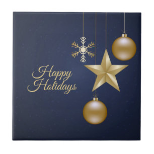 Christmas Party Golden Ornaments Navy Blue Elegant Tile