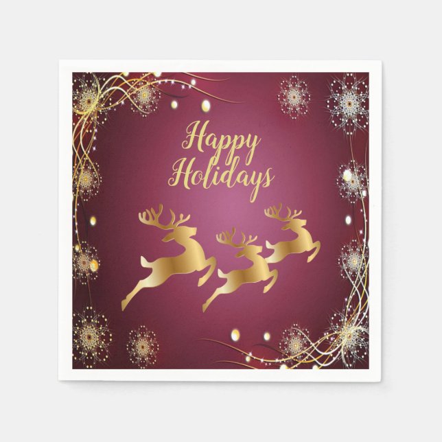 Christmas Party Golden Reindeers Red Pink Elegant Napkin (Front)