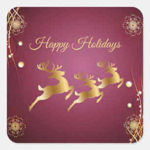 Christmas Party Golden Reindeers Red Pink Elegant Square Sticker