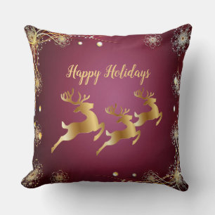 Christmas Party Golden Reindeers Red Pink Elegant Throw Pillow