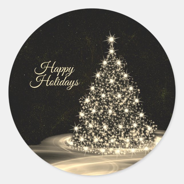 Christmas Party Golden Shiny Tree Winter Black Classic Round Sticker (Front)