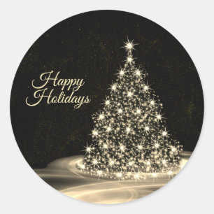Christmas Party Golden Shiny Tree Winter Black Classic Round Sticker