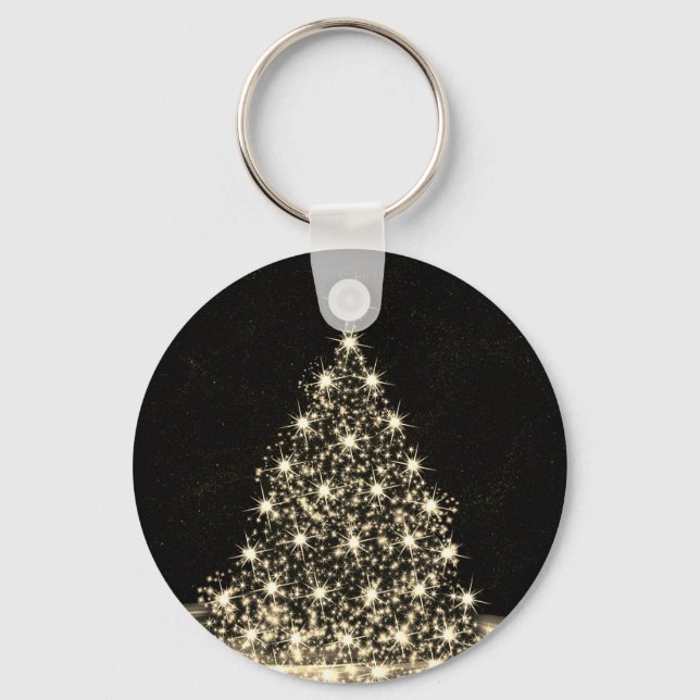 Christmas Party Golden Shiny Tree Winter Black Keychain (Front)