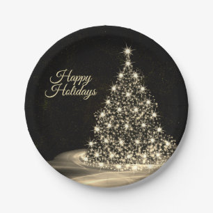Christmas Party Golden Shiny Tree Winter Black Paper Plate