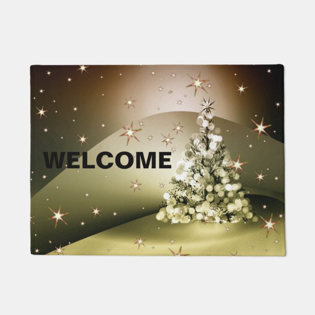 Christmas Party Golden Tree Shiny Sparkle Stars Doormat (Front)