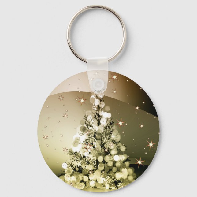 Christmas Party Golden Tree Shiny Sparkle Stars Keychain (Front)