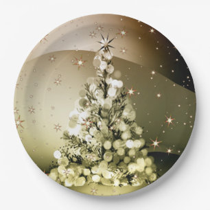 Christmas Party Golden Tree Shiny Sparkle Stars Paper Plate