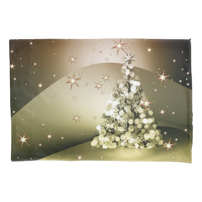 Christmas Party Golden Tree Shiny Sparkle Stars Pillowcase (Front)