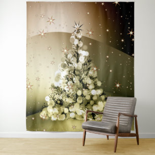 Christmas Party Golden Tree Shiny Sparkle Stars Tapestry