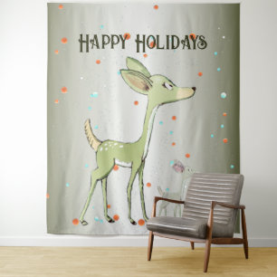Christmas Party Green Deers Holidays Cute Tapestry
