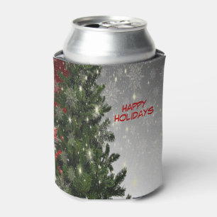 Christmas Party Green Tree Red Silver Snowflakes Can Cooler