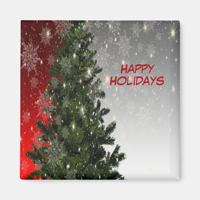 Christmas Party Green Tree Red Silver Snowflakes Magnet (Front)