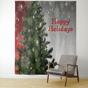 Christmas Party Green Tree Red Silver Snowflakes Tapestry