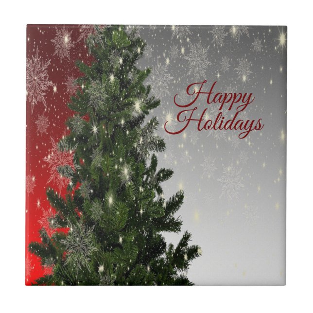 Christmas Party Green Tree Red Silver Snowflakes Tile (Front)