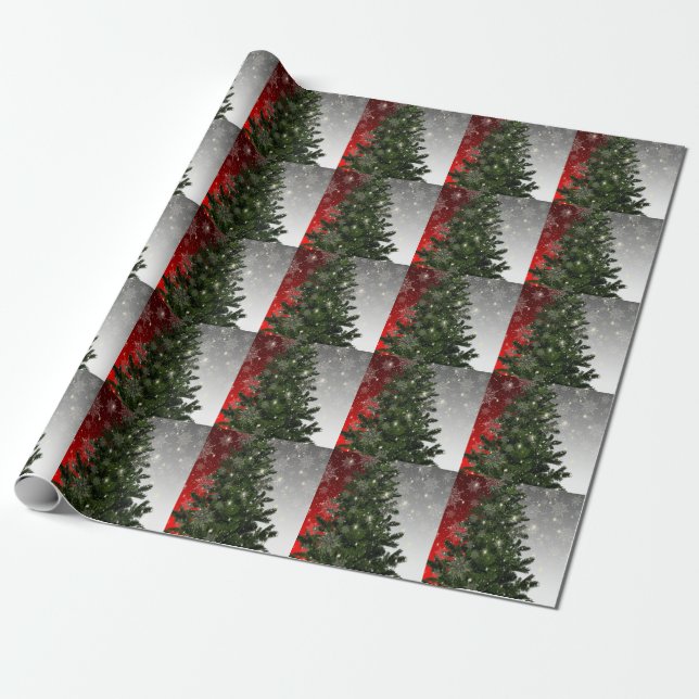 Christmas Party Green Tree Red Silver Snowflakes Wrapping Paper (Unrolled)