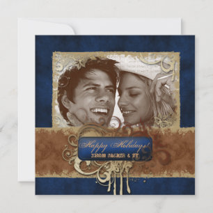 Christmas Party Grunge Brown Navy Blue Photocard Invitation