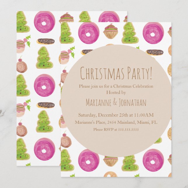 Christmas Party Holiday Cookies Hand Watercolored  Invitation (Front/Back)