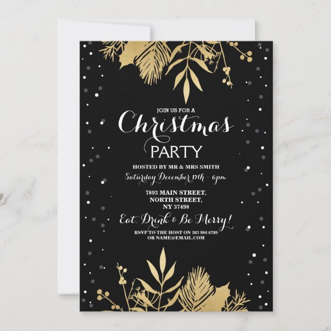 Christmas Party Holly Snow Black Gold Xmas Invite (Front)