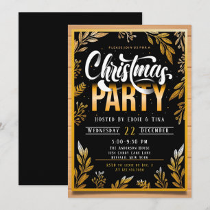 Christmas Party In Black and Gold Invitation