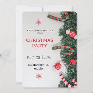 Christmas Party Invitation Candy Cane Greenery 