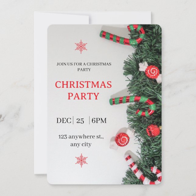 Christmas Party Invitation Candy Cane Greenery  (Front)