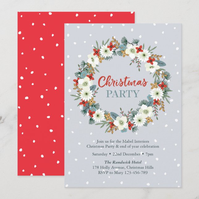 Christmas party Invitation | floral wreath blue (Front/Back)