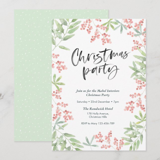 Christmas party Invitation | holly leaves (Front/Back)