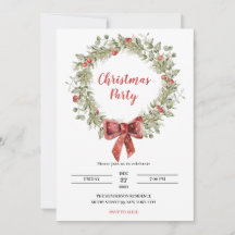 Christmas Party Invitation Holly Wreath Ribbon