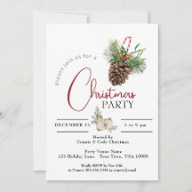 CHRISTMAS PARTY INVITATION, PINE CONE & CANDY CANE