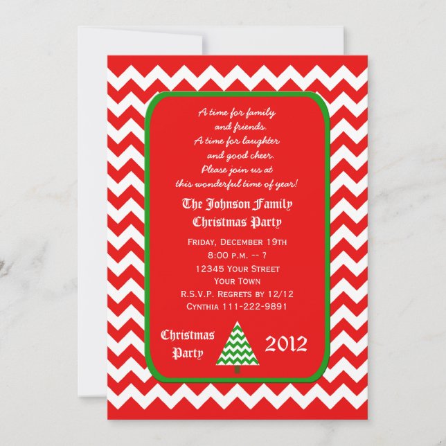 Christmas Party Invitation Red and White Chevron (Front)