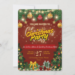 Christmas Party Invitation   Red & Gold Holiday 