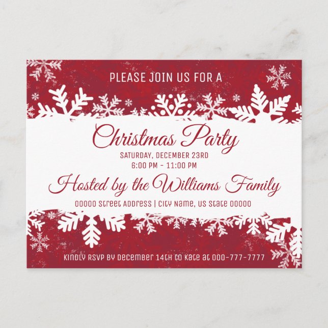 Christmas Party Invitation Red Rustic Snowflake (Front)