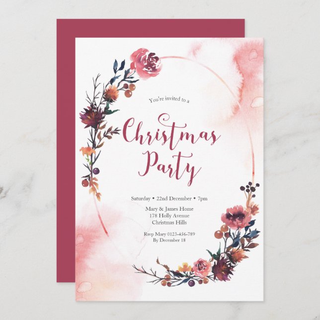 Christmas party Invitation | Winter floral wreath (Front/Back)