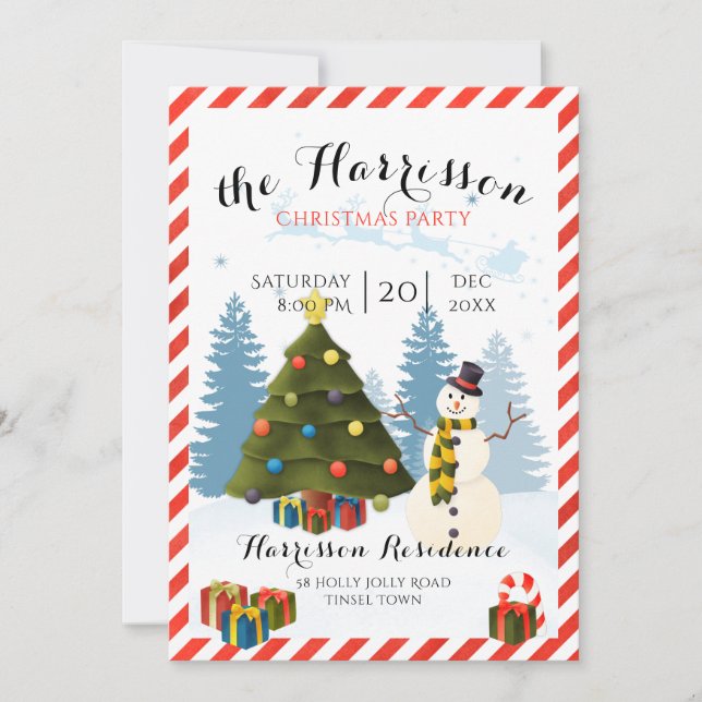 Christmas party invitation with snowman and tree (Front)