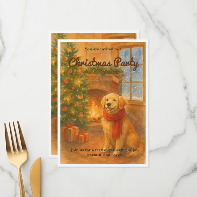 Christmas Party Invite · Cozy Dog Scene (Front/Back In Situ)