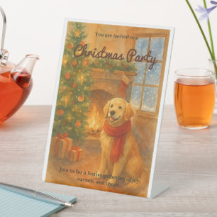 Christmas Party Invite · Cozy Dog Scene Pedestal Sign