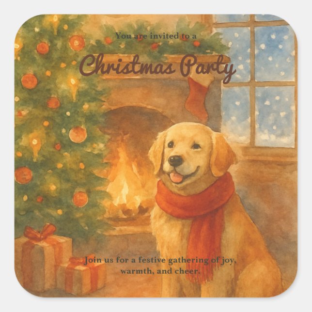 Christmas Party Invite · Cozy Dog Scene Square Sticker (Front)