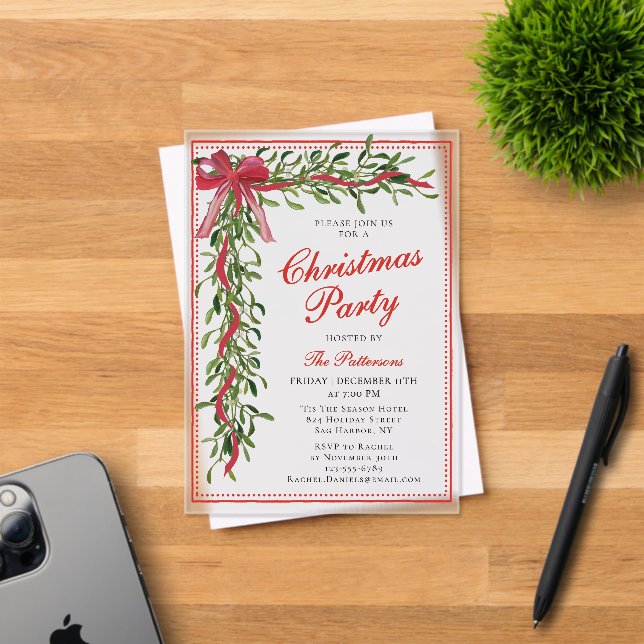 Christmas Party Mistletoe Bow Modern Holiday Party Acrylic Invitations (Insitu (Invitation Card))