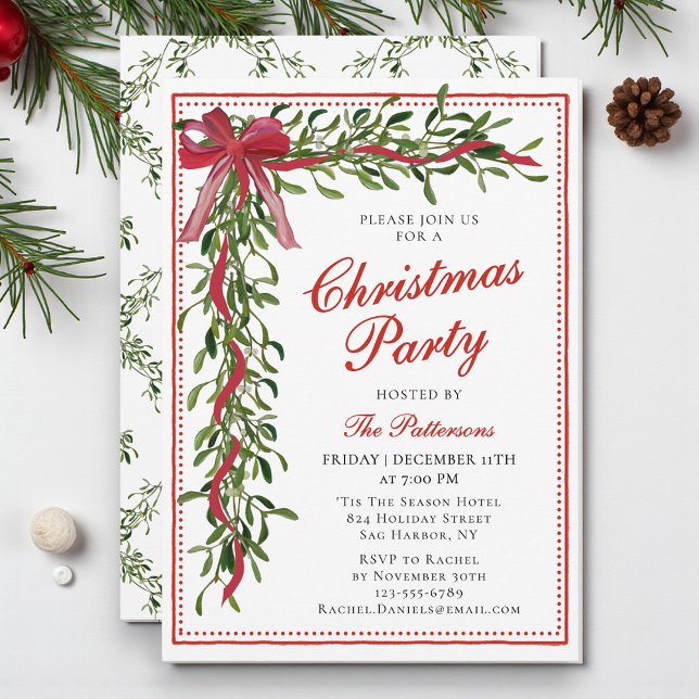 Christmas Party Mistletoe Bow Modern Holiday Party Invitation (Creator Uploaded)