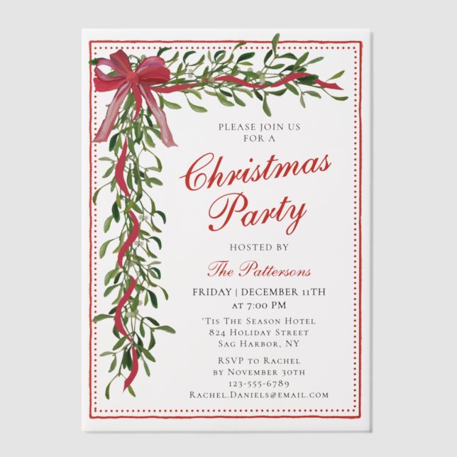 Christmas Party Mistletoe Bow Modern Holiday Party Vellum Invitations (Front)