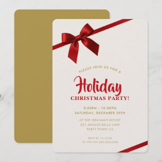 CHRISTMAS PARTY modern elegant red ribbon bow Holiday Card