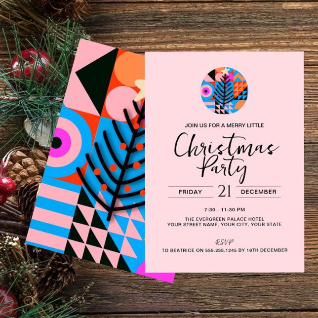 Christmas Party Modern Geometric Pattern Pink  Invitation (Creator Uploaded)