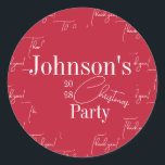 Christmas Party Modern Red Thank You Classic Round Sticker<br><div class="desc">This is a modern, stylish, Christmas Party, thank you design. It is in festive red and white with a modern typography script design. It has the message, "Johnson's Christmas Party", with "Thank you!" as in the background, and space for you to add your name and year of celebration. To personalize,...</div>