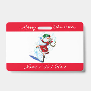 Christmas Party Name Badge Snowman and Girl Dance