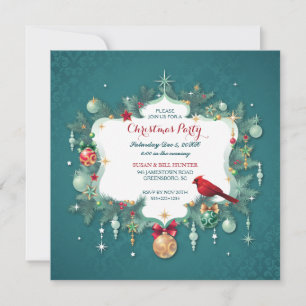 Christmas Party Ornaments Cardinal Teal Damask Invitation