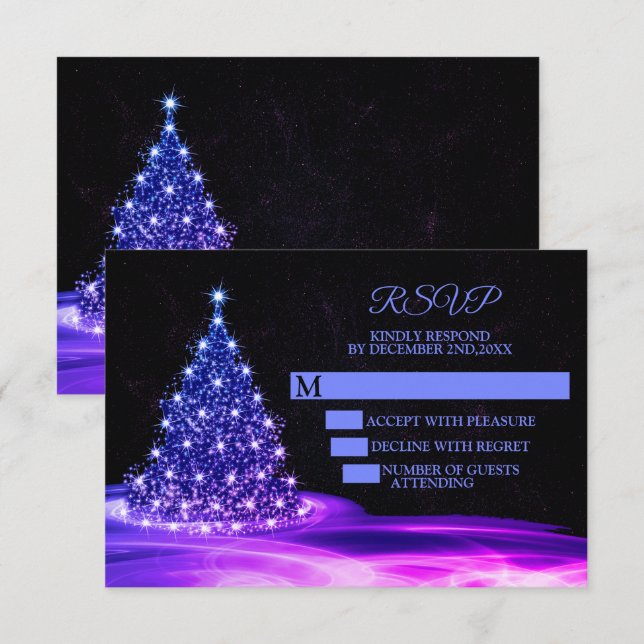 Christmas Party Pink Blue Shiny Tree Winter Black RSVP Card (Front/Back)