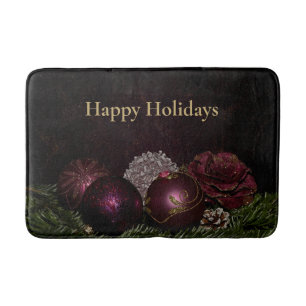 Christmas Party Pink Ornament Green Leaves Black Bath Mat
