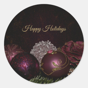 Christmas Party Pink Ornament Green Leaves Black Classic Round Sticker